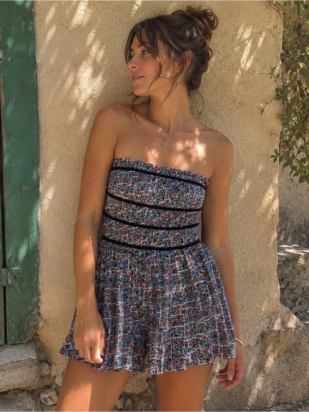 Free People Bali Checked Out Romper Floral Print Smocked Bodice Removable Straps